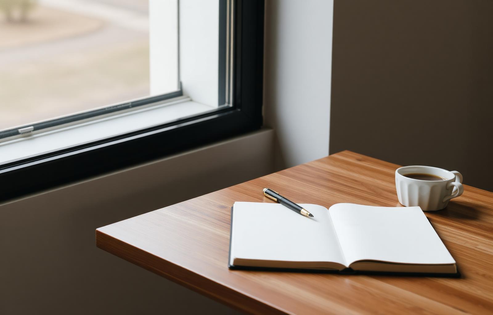 Open notebook, fountain pen and coffee cup on a wooden desk by a window