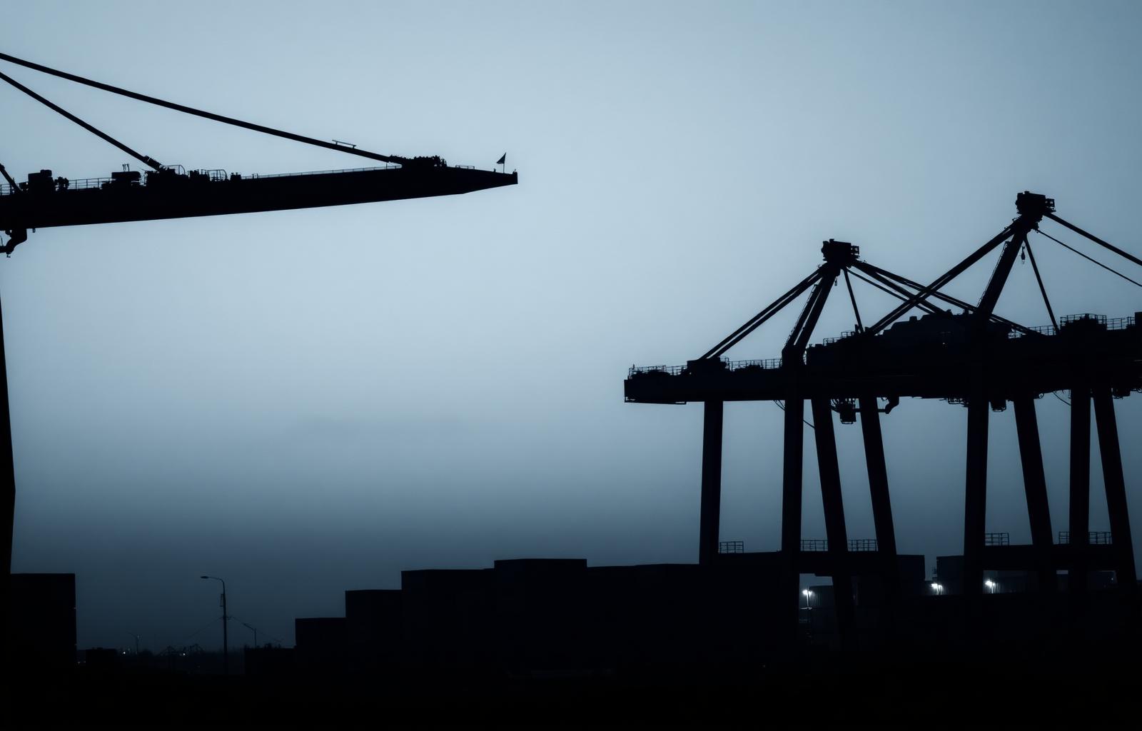 Silhouettes of port gantry cranes and stacked containers at dusk